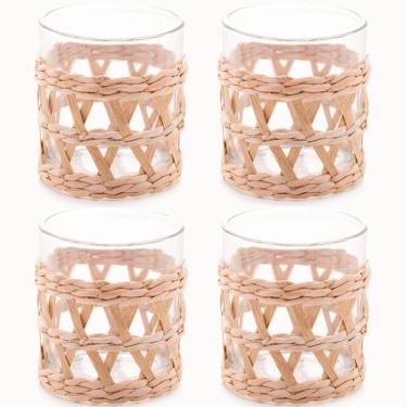 Imagem de Conjunto 4 Copos de Vidro Wolff Baixos com Sisal 320ml Fibra Natural Mesa Posta Rústica