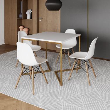 Imagem de Mesa Jantar Industrial Quadrada 90Cm Branca Base V Dourada Com 4 Cadeiras Madeira Branc Cor: Branco