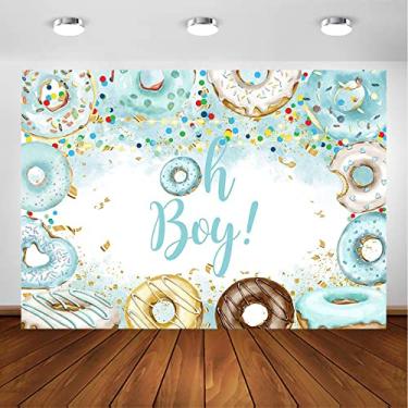 Imagem de Avezano Oh Boy Pano de fundo índigo donuts decoração de festa para chá de bebê menino colorido pontos donuts fotografia fundo para mãe grávida faixa de mesa de bolo (3 x 2,4 m)