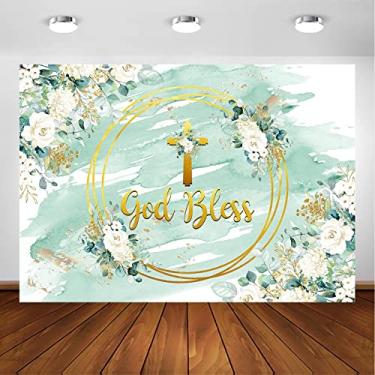 Imagem de Avezano Pano de fundo God Bless para meninas, primeira comunhão, batizado, decoração de festa de batismo, floral branco e ouro verde, folhas de eucalipto, Deus abençoe, sessão de fotos de fundo (3 x 2