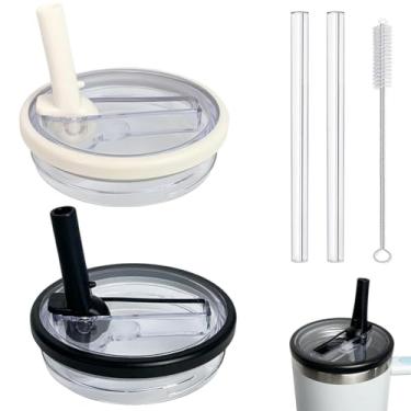 Imagem de WHOLELIVES Canudo flip à prova de vazamento de 1,134 g para tampa Stanley, substituição da tampa do copo sem derramamento para Stanley Tampa de copo de 1,134 g (bege + preto)