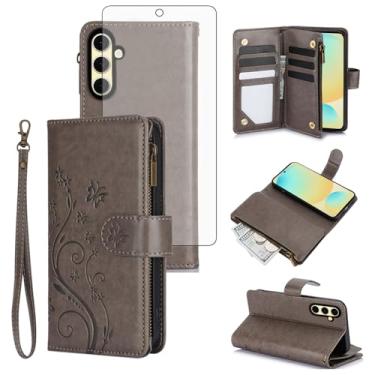 Imagem de Asuwish Capa de celular para Samsung Galaxy S24 FE 5G carteira celular com protetor de tela de vidro temperado alça de pulso flor flip zíper porta-cartão slot suporte S 24 EF AI S24FE 24S mulheres