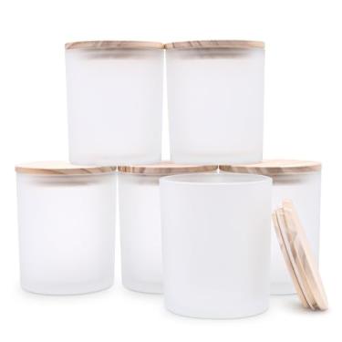 Imagem de SHOWIN Frascos de vela de 400 ml de espessura para fazer velas, 6 peças, frascos vazios com tampas de madeira para potes de especiarias, recipiente de amostra, branco fosco