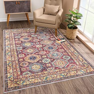 Imagem de Bloom Rugs Tapete lavável antiderrapante 2x3 - Tapete de área oriental tradicional vermelho escuro/multicolorido para sala de estar, quarto, sala de jantar e cozinha - Tamanho exato: 5 x 7 cm
