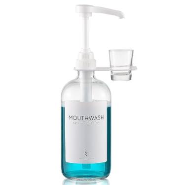 Imagem de Onsogi Dispensador de enxaguante bucal de vidro com suporte de copo e bomba, dispensador de enxaguante bucal rústico boho de 473 g para decoração de casa de banho - 1 pacote transparente