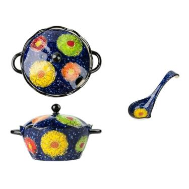 Imagem de Conjunto de pratos e utensílios de mesa vintage, tigela de macarrão de cerâmica doméstica - panela de sopa coberta (com colher grande)