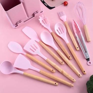 Imagem de Utensilios para Cozinha Silicone Kit com 19 Peças Cabo Madeira Conjunto Completo Espátula Concha Colher Jogo Suporte Faca Antiaderente Tabua Tesoura Faqueiro (PRETO) (Rosa)