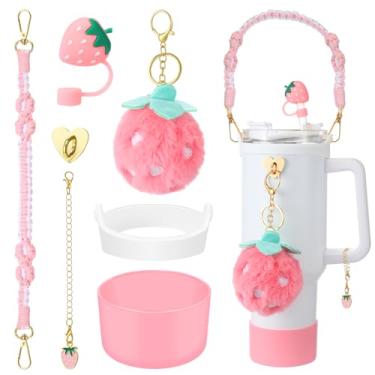 Imagem de Domensi Conjunto de 6 peças de acessórios de morango rosa compatível com Stanley Cup, alça de alça de garrafa de água rosa, capa de canudo de silicone, berloque, chaveiro de pelúcia de morango