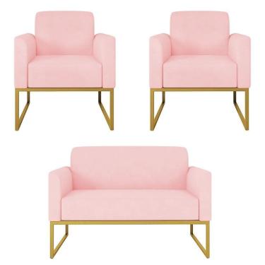 Imagem de Kit Namoradeira E 2 Poltronas Decorativas Base Industrial Dourada Maressa S19 Suede Rosa Bebê - Ibiza