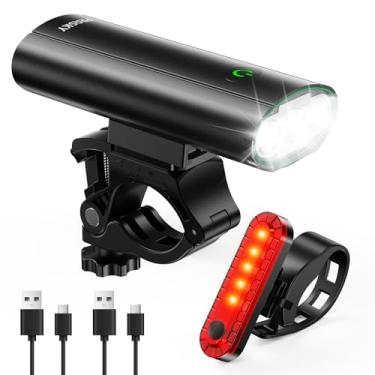 Imagem de Luzes de bicicleta para andar à noite, farol de bicicleta de montanha recarregável por USB, super brilhante, impermeável, conjunto de 6 + 4 modos de luz para ciclistas e passageiros - preto