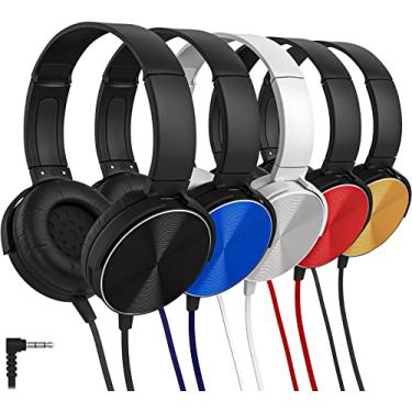 Imagem de Maeline Pacote com 5 fones de ouvido para sala de aula, fone de ouvido giratório confortável para escola, biblioteca, avião, para aprendizado online, viagens, som estéreo conector de 3,5 mm, vermelho