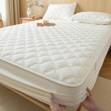 Imagem de Capa protetora de colchão acolchoada à prova d'água, respirável, silenciosa, confortável, lençol com elástico macio - bege | California King 198 x 218 cm