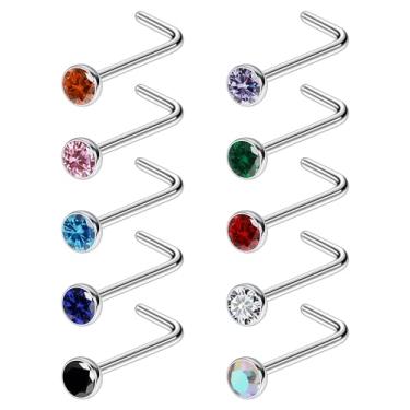 Imagem de Ruifan ASTM F136 Anéis de nariz de titânio 18 G, 20 G, 22 g, joia de cor mista, zircônia cúbica, piercing de nariz, parafuso em forma de L, joia de piercing corporal hipoalergênica para mulheres 1,5
