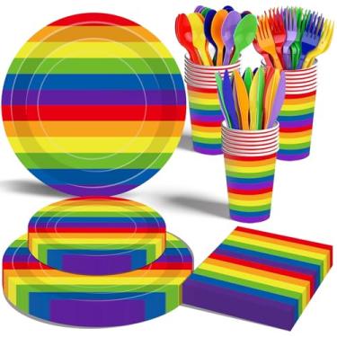 Imagem de Conjunto de 175 peças de suprimentos de festa com listras arco-íris – serve 25 pratos, copos, guardanapos, garfos, colheres e facas descartáveis coloridos para o mês do orgulho LGBTQ+, aniversário com