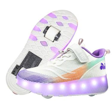Imagem de GIMKOUNN Tênis feminino com 2 rodas recarregável por USB, patins para iniciantes com 16 modos de luz de LED, para crianças, meninos, calçados estilosos unissex, 03 roxo, 12.5 Little Kid