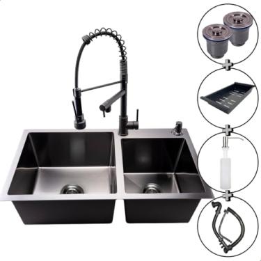 Imagem de Cuba Gourmet Dupla Preta SOFTINOX 78x43cm com Torneira Monocomando - Kit de Pia de Cozinha em Aço Inoxidável Premium com Torneira Gourmet e Acessórios