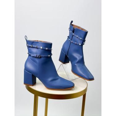 Imagem de Bota de Couro Feminina, Cano Médio Azul, Spikes Decorativos, Salto 4.5cm, Estilo Militar (AZUL, BR, Adulto, Numérico, 36)