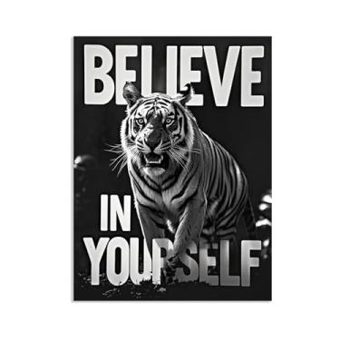 Imagem de Tela inspiradora arte de parede animal pôster motivacional tigre feroz tigre preto branco presentes de incentivo inspirador para homens afirmações positivas imagem 80 x 60 cm (32 x 24 polegadas) sem
