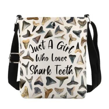Imagem de PWHAOO Bolsa tiracolo com design de dentes de tubarão Quem ama dentes de tubarão bolsa tiracolo caçador de fósseis bolsa de viagem Sh-ark T-eeth presente para amantes, Who Loves Shark Teeth C
