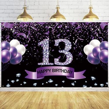 Imagem de Trgowaul Decorações de festa de aniversário de 13 anos feliz para meninas roxo feliz 13º aniversário faixa de sinal de aniversário para ela decoração de festa 13 anos suprimentos oficial adolescente