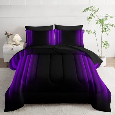 Imagem de Nttopship Jogo de cama solteiro, roxo e preto, ombré, abstrato, conjunto de edredom com 7 peças, decoração de arte escura, lençol com elástico, para todas as estações