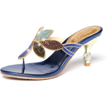 Imagem de Chinelos De Tanga Feminino Sandálias De Salto Alto Confortáveis, Chinelos De Praia De Verão Chinelos Antiderrapantes Para Piscina Bohemia Strass Sandálias De Couro Ultraleve, Blue, 40 EU