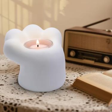 Imagem de Castiçal de gato gatinho desenho animado gatinho pata gato fofo decoração de casa castiçal presente para menina mulher amante de gatos escolha (pata de gato branco)
