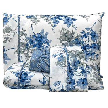 Imagem de Jogo De Lençol Lislie King 4 Peças Micropercal 300 Fios Estampado Floral - Azul Flores - 100% Poliéster