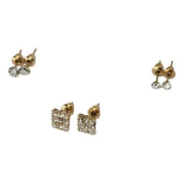 Imagem de Kit 3 Pares Brincos Banhado A Ouro Ponto De Luz Zircônias - Bellavie