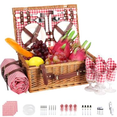 Imagem de Neti Neti Cesta de piquenique de vime para 4 pessoas com refrigerador isolado e cobertor impermeável – Grande cesto de piquenique de salgueiro para atividades ao ar livre, acampamento, praia