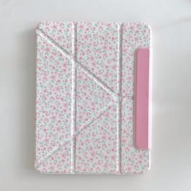 Imagem de Capa fólio magnética removível giratória 360 com suporte ajustável em poliuretano rígido para maçã branca, rosa, flor, floral, bonita, chique, fofa, adorável meninas (para iPad 10 de 10 polegadas, 10ª
