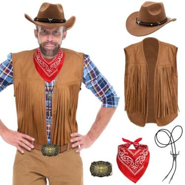 Imagem de XonyiCos Conjunto de 5 peças de cowboy para homens, fantasia de faroeste, chapéu, colar, bandana e franjas, colete para cosplay e festa de rodeio, Marrom, M