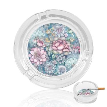 Imagem de Cinzeiro de vidro de cristal de flores de estilo azul, cinzeiro redondo para fumar de vidro resistente, portátil, decorativo, moderno, para uso em casa, escritório, interior, exterior, pátio