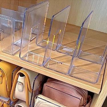 Imagem de Pssopp Organizador de Bolsas Clear Shelf Divishers Burse Storage Rack Rack Packable Closet Shelf para Quarto de Banheiro, Material para PC (4 Seção)