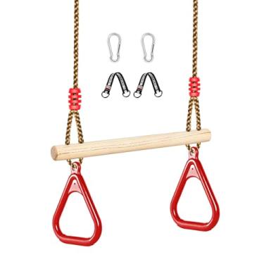 Imagem de LadyRosian Barra de balanço trapézio de madeira, conjunto de balanço de altura ajustável, anéis de ginástica, acessórios de playground, barra de macaco de 42 cm para quintal, playground, sala de jogos