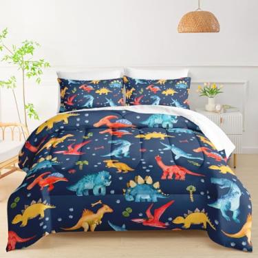 Imagem de QOOMO Conjunto de edredom infantil de desenho animado de dinossauro, tamanho casal, fofo, para decoração de quarto de meninos e meninas, dinossauro, azul escuro, 7 peças, cama em uma bolsa com edredom
