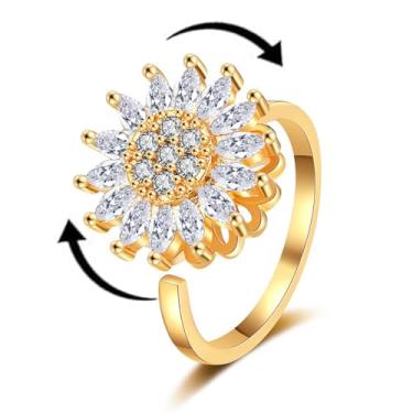 Imagem de DIOWUS Anel Fidget de Girassol para Mulheres, Ouro Ansiedade Brilhante Strass Girassol Humor Flores Abertas Anéis de Cristal Ajustável Declaração Aliviar a Preocupação Joia Presente, Cobre, Sem pedra