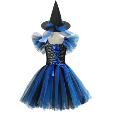 Imagem de MOLFROA Vestido tutu de Halloween para meninas com chapéu de bruxa feito à mão (azul royal, 4-5 anos)