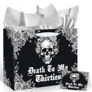 Imagem de Bolsa de presente de aniversário de 40 anos para mulheres e homens, bolsa de presente gótica Death to My Thirties com papel de seda e cartão, papel de embrulho de 40 anos, lembrancinhas de festa de