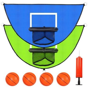 Imagem de Conjunto de 2 peças de cesta de basquete grande para trampolim 90 cm x 19 cm com 4 mini bolas e 1 bomba - jogo interno e externo - fácil de instalar - acessórios de trampolim para crianças (azul e