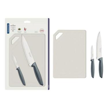 Imagem de Kit Para Carnes E Legumes Plenus Em Aço Inox Cabos Cinza E Tábua De Co