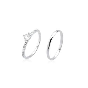 Imagem de Casamento Conjunto de 2 peças Anel de noivado, Anel Liso Masculino e Anel Solitário Feminino Prata 925 Pedra Zircõnia (20)