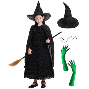 Imagem de Girls Wicked Witch Elphaba Costume Dress, Black Textured Elphaba Dress for Kids Halloween Costumes & Birthday Party, 6 Pcs Black Witch Cosplay Outfit with Full Accessory Set EN084XL