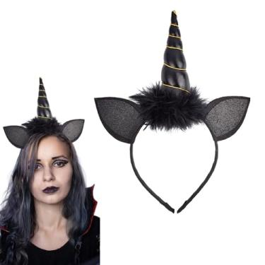 Imagem de Tiara de unicórnio de Halloween, preto, chifre e orelhas, acessório de cabelo para mulheres, cosplay, festa de aniversário