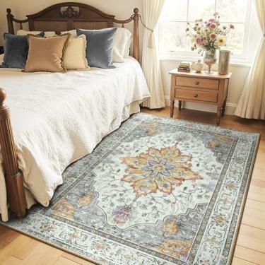 Imagem de RELEANY Tapetes de área, 1,2 m x 1,8 m, lavável, antiderrapante, estampa floral, vintage, tapete medalhão para sala de estar, quarto, sala de jantar, amarelo claro cinza carbono laranja