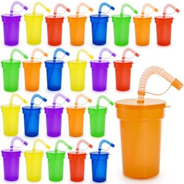 Imagem de WRINGKIT 24 copos de plástico para festas infantis com tampas e canudos, copo neon colorido de 340 g, copos infantis à prova de vazamento, copos de lembrancinha de festa reutilizáveis para aniversário