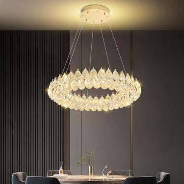 Imagem de WOSOHYUN Lustre de cristal dourado moderno, luminária pendente de LED redondo de 81 cm, luz de teto de cristal grande de luxo para sala de jantar, sala de estar, hall de entrada, escadaria