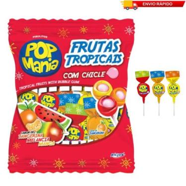 Imagem de Pirulito Pop Mania Frutas Tropicais Recheio Chiclete 600g - Riclan