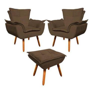Imagem de Kit 2 Poltrona + Puff Opala Decorativa Suede Marrom - King Lar