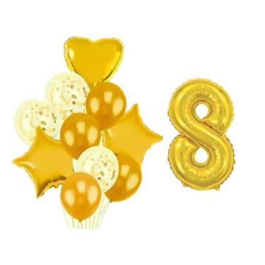 Imagem de Buque 10 Balões Coração Estrela -1 Número Metalizado Dourado - Partiuf